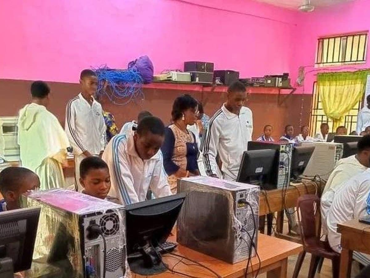 Students working at computers during a digital skills session